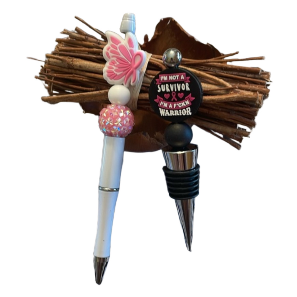 Handmade Beaded Pen and Wine Stopper Breast Cancer Survivor Gift  Set